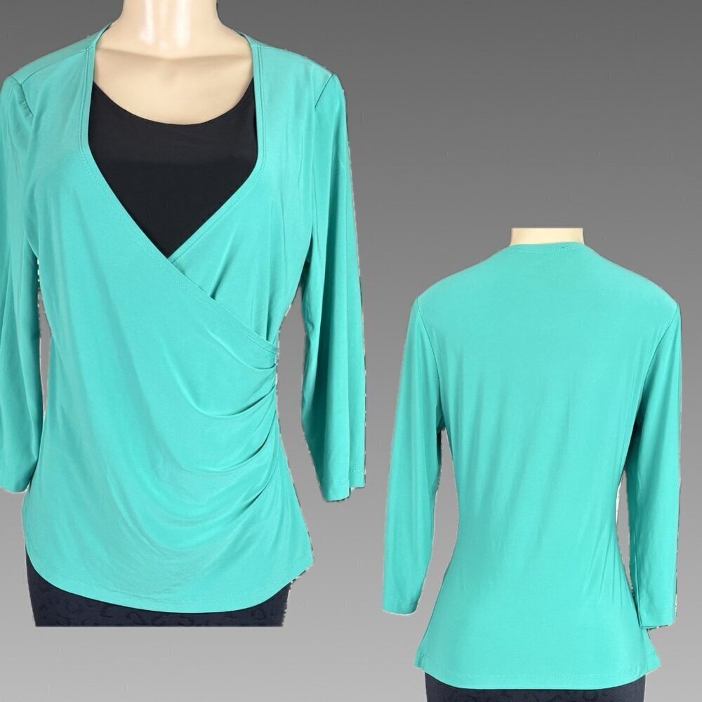 Carolyn Strauss S Green Ruched Side Faux Wrap Black Contrast 3/4 Sleeve Blouse